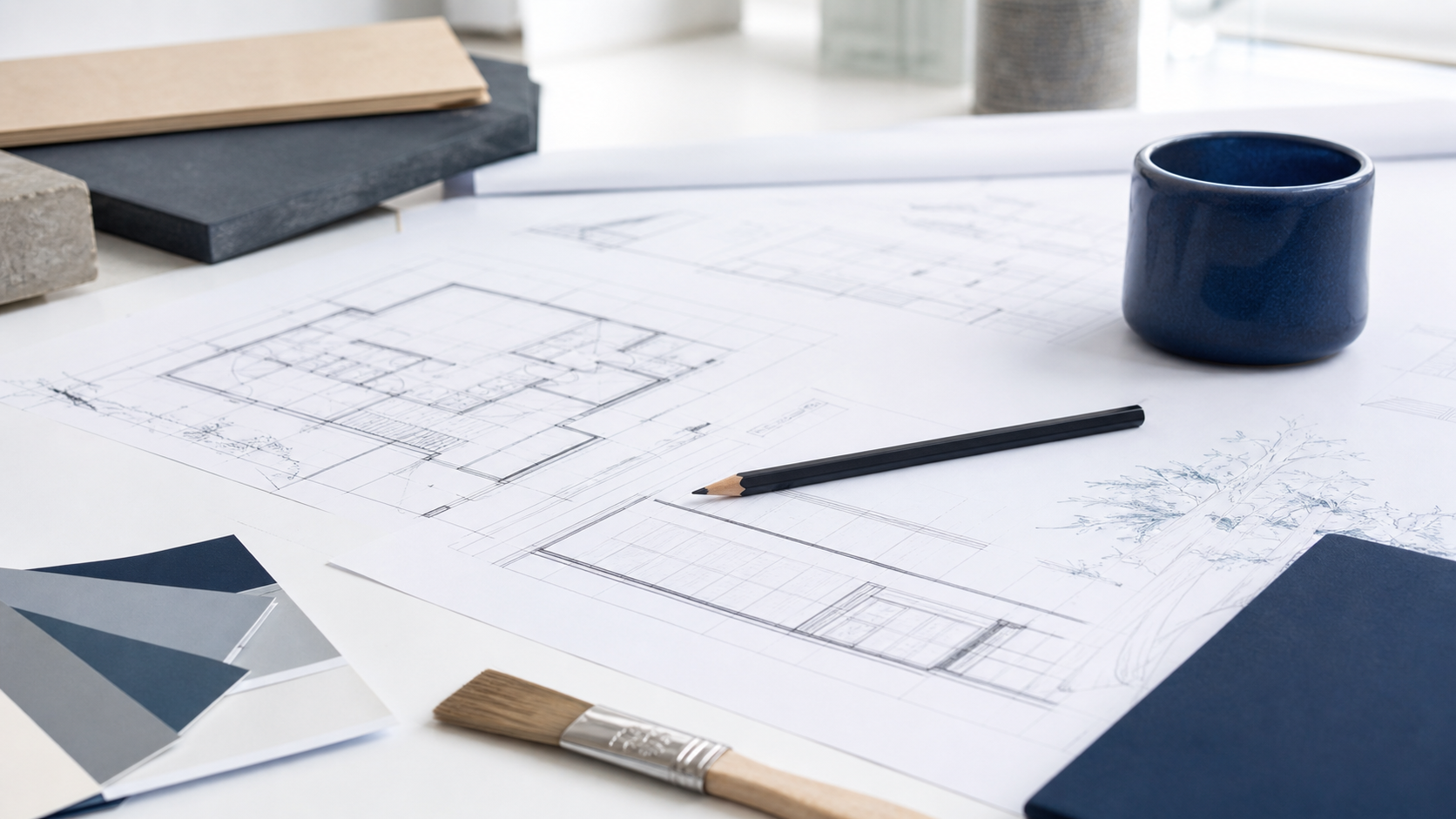 Werktafel met tekeningen en kleurstalen voor ontwerpadvies